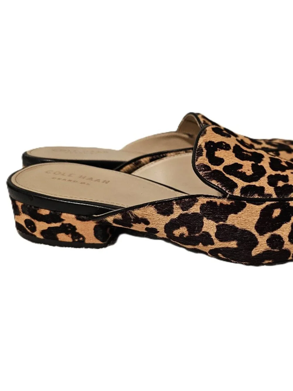 Cole Haan Piper Mules in a leopard print calf hair